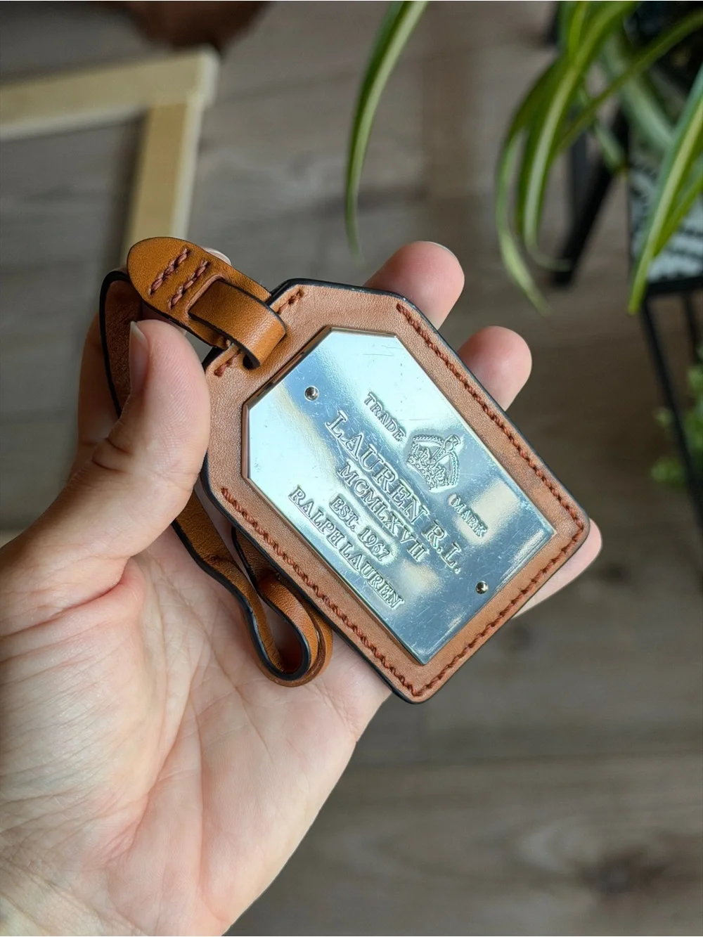 Ralph Lauren Tan Leather Luggage Tag with Silver Plate